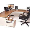 Wooden Office Desk With Computer Monitor Black Speakers Stack Of Books And Storage Drawers