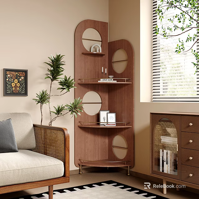 Wooden Layered Shelf With Circular Design In Living Room With Plants And Decorations 3d model 