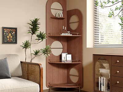 Wooden Layered Shelf With Circular Design In Living Room With Plants And Decorations 3d model