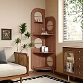 Wooden Layered Shelf With Circular Design In Living Room With Plants And Decorations