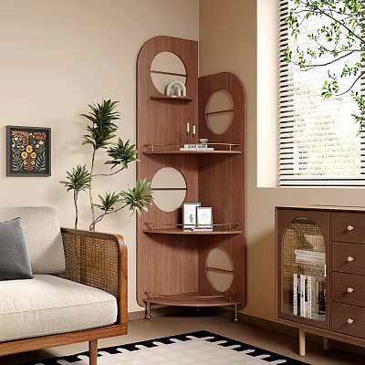 Wooden Layered Shelf With Circular Design In Living Room With Plants And Decorations 3d model