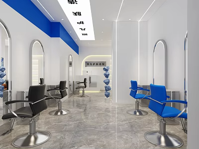 Stylish Modern Blue And White Beauty Hair Salon Interior Design With Professional Styling Chairs 3d model