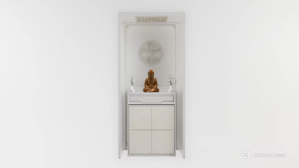 White Buddhist Shrine Cabinet With Golden Buddha Statue White Candle Holders And Decorative Circular Ornament 3d model 