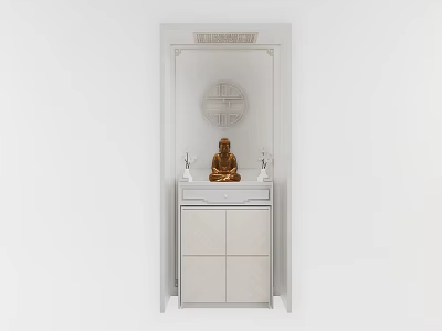 White Buddhist Shrine Cabinet With Golden Buddha Statue White Candle Holders And Decorative Circular Ornament 3d model