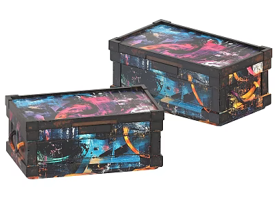 Two Vibrant Wooden Storage Boxes With Colorful Graffiti Art Design 3d model