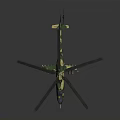 Military Camouflage Helicopter with Large Rotors Green Yellow Camouflage Pattern Weaponry Equipment Dark Background Reflection