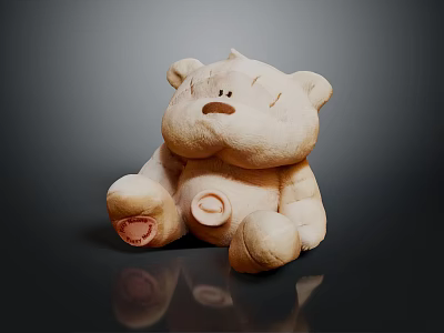 Light Beige Stuffed Bear Doll With Round Body Red Foot Imprint And Dark Background Reflection 3d model