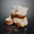 Light Beige Stuffed Bear Doll With Round Body Red Foot Imprint And Dark Background Reflection