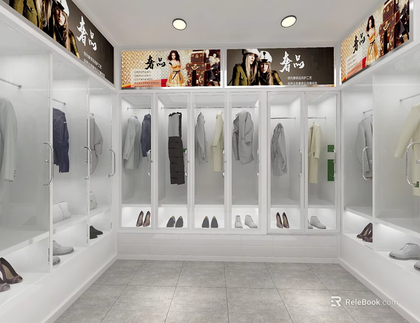 Modern Clothing Store Interior With White Display Cabinets Hanging Clothes And Shoes 3d model 