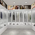 Modern Clothing Store Interior With White Display Cabinets Hanging Clothes And Shoes