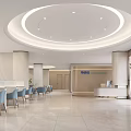 Modern Bright Hotel Lobby Interior With Circular Ceiling Reception Desk And Blue Chairs