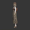 3D Model Girl in Vintage Outfit With Brown Beret Patterned Skirt and White Sleeves
