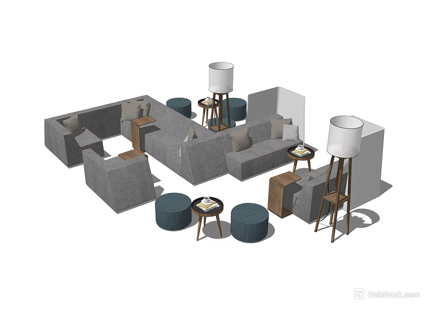 Modern Sofa Coffee Table Combination With Gray Round Stools And Floor Lamps 3d model