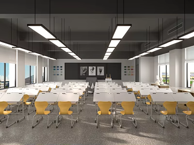 School Classroom With White Desks Yellow Chairs Wall Charts And Bright Ceiling Lights 3d model