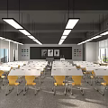 School Classroom With White Desks Yellow Chairs Wall Charts And Bright Ceiling Lights