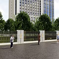 Modern Feature Wall With Columns And Trees Near Modern Buildings With People Walking
