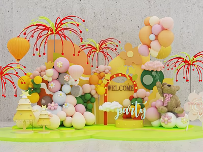 Festive Party Theme Photo Spot With Colorful Balloons Firework Decorations Teddy Bear And Flowers 3d model