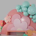 Decorative Scene With Pink Flowers Light Blue Balloons Green Cacti And Pink Bench