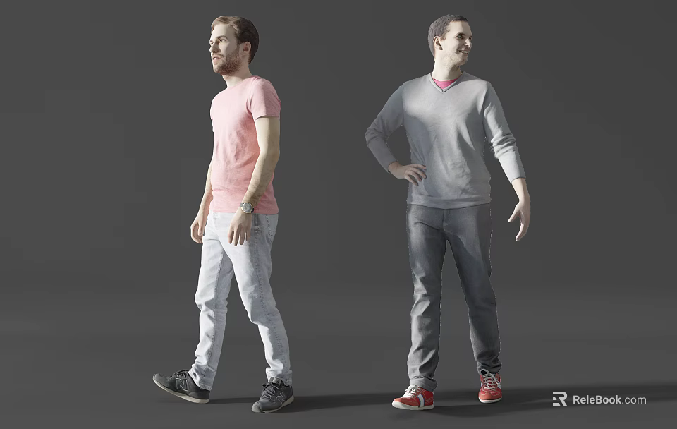 Two Men in Pink T shirt and Gray Sweater Walking and Standing with Casual Pants 3d model 