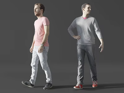 Two Men in Pink T shirt and Gray Sweater Walking and Standing with Casual Pants 3d model