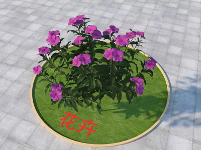 Vibrant Purple Flowers Growing On Circular Green Lawn With Gray Tiles 3d model