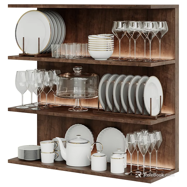 Wooden Dining Ware Display Shelf With Plates Cups Glasses And Cake Cover 3d model 