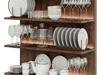Wooden Dining Ware Display Shelf With Plates Cups Glasses And Cake Cover 3d model