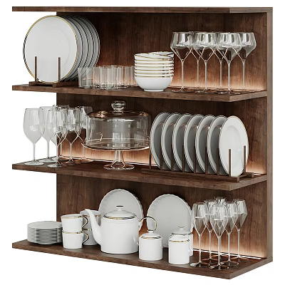 Wooden Dining Ware Display Shelf With Plates Cups Glasses And Cake Cover 3d model