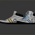 White High Top Sneakers With Yellow And Blue Laces And Circular Black Logo