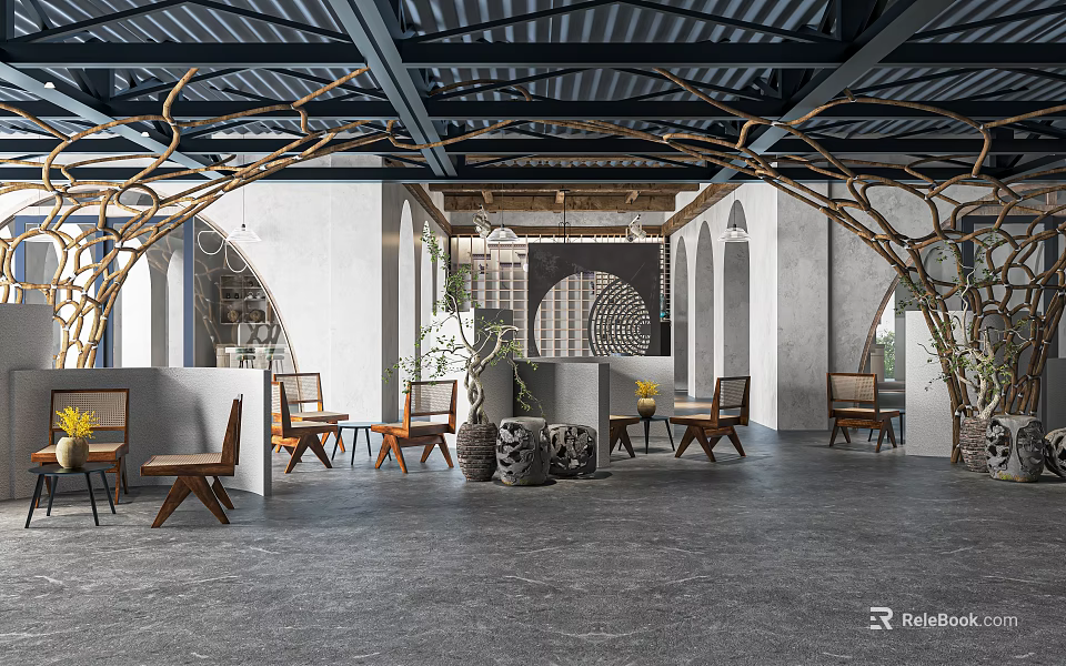 Modern Restaurant Interior With Wooden Tables Arch Decor And Green Plants 3d model 