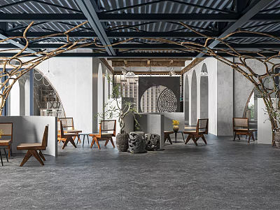 Modern Restaurant Interior With Wooden Tables Arch Decor And Green Plants 3d model