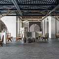 Modern Restaurant Interior With Wooden Tables Arch Decor And Green Plants