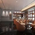 Hotel Lobby Modern Interior Design With Black Marble Floor Chandelier Sofa Windows And Decorative Wall