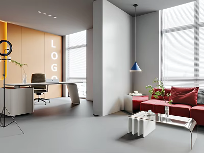 Modern Public Office Space With Large Windows Sofa Desk Floor Lamp And Green Plants 3d model