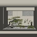 Indoor Landscape With Pine Tree Stones Moss Small Lamp On Light Colored Textured Walls