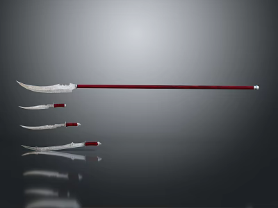Traditional Long Handled Weapon with Red Shaft and Silver Blade and Smaller Components in Reflections 3d model