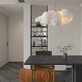 Cloud Shaped White Chandelier Illuminated Glowing Light In Modern Room With Glass Partition And Shelf