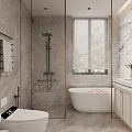 Elegant Bathroom Interior Design With Marble Walls Bathtub Shower White Cabinets Mirror And Window Blinds