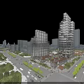 Modern Office Building with Glass Curtain Wall in Urban Landscape with Roads Greenery and Vehicles
