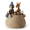 Cute Animal Shaped Plush Dolls in Wicker Basket with Storage Bag for Kids Room