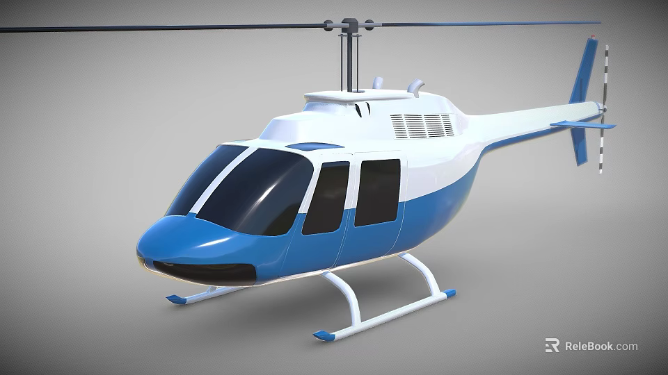 Modern Blue and White Helicopter with Rotor Blades Fuselage Windows and Landing Gear 3d model 