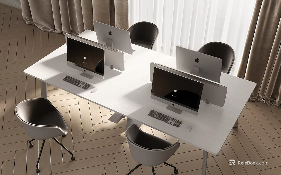 White Desk Setup With Four Apple Computer Monitors And Black Office Chairs 3d model