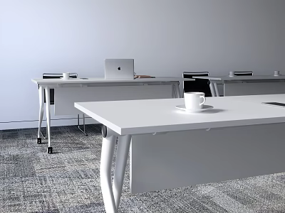 Modern White Conference Table With Metal Legs Laptop And Coffee Cup In Office Setting 3d model