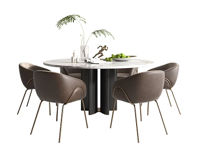 Modern Round Dining Table Set With Marble Top Brown Chairs And Metal Legs 3d model