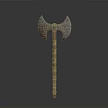 Ancient Double Bladed Axe With Textured Head And Decorative Patterned Wooden Shaft