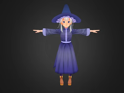 3D Witch Character Wearing Blue Robe Blue Hat With White Hair And Outstretched Arms 3d model