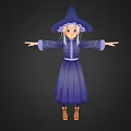 3D Witch Character Wearing Blue Robe Blue Hat With White Hair And Outstretched Arms