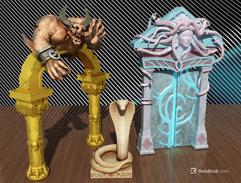 Decorative Ornament Set with Golden Demon Statue Snake Hair Gate and Cobra Figurine 3d model 