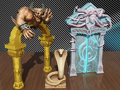 Decorative Ornament Set with Golden Demon Statue Snake Hair Gate and Cobra Figurine 3d model