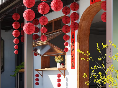 Traditional Chinese Courtyard With Red Lanterns Wooden Archway Calligraphy Scroll And Yellow Flowers 3d model